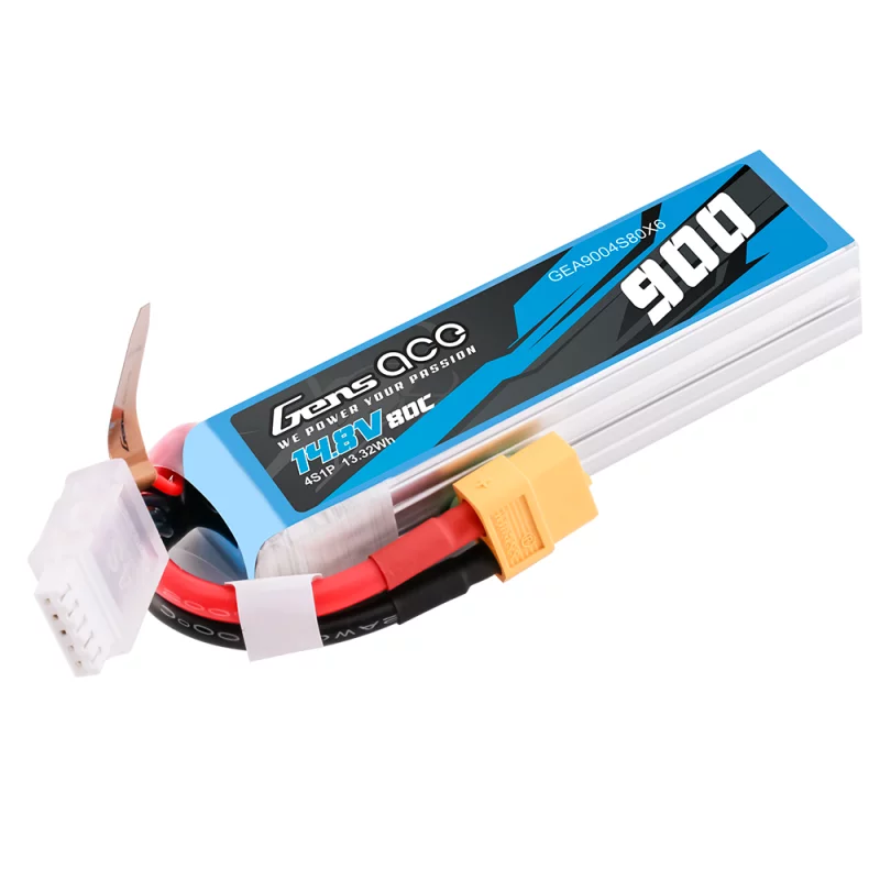 900mAh 4S 14.8V 80C LiPo, XT60 Plug, Gens Ace