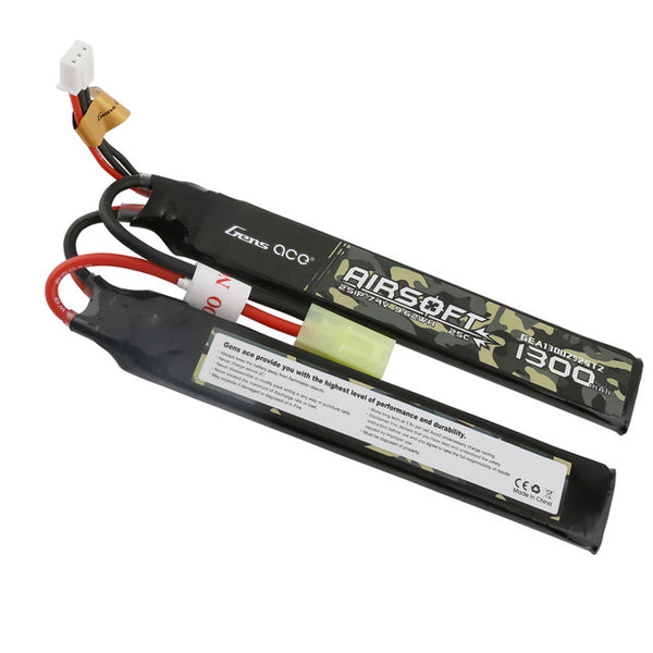 1300mAh 2S 7.4V 25C Airsoft Gun Saddle/Split Lipo Battery Deans Plug, Gens Ace